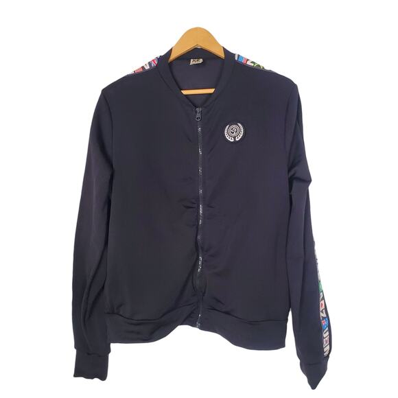 Zumba Dancin' All Over The World Full Zip Jacket Black Flags Fitness Size Medium - Picture 2 of 9